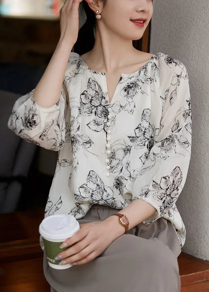 White Oversized Print Cotton Shirts Bracelet Sleeve