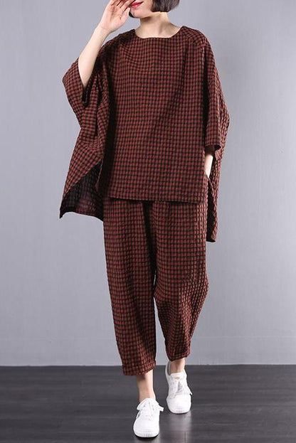 Limited Stock- Cotton Linen Plaid Retro Blouse and Pants