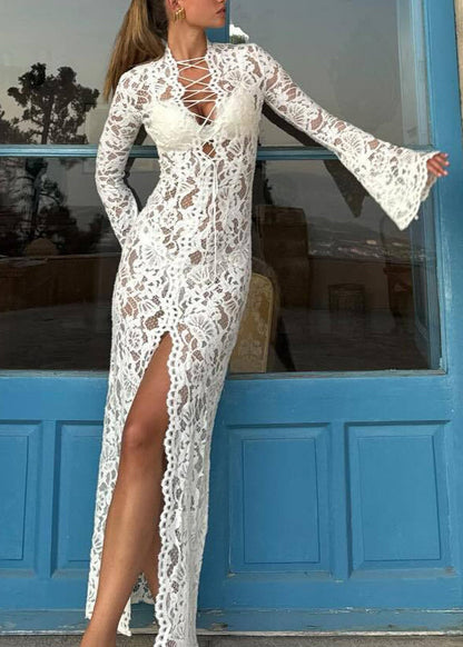 Stylish White Lace Up Front Open Lace Dress Flare Sleeve