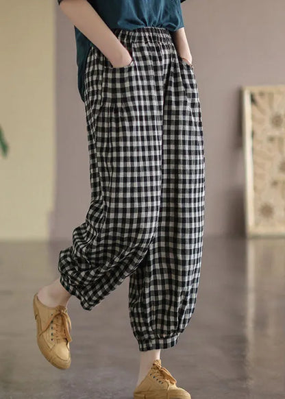 Black Plaid Pockets Linen High Waist Crop Pants Summer
