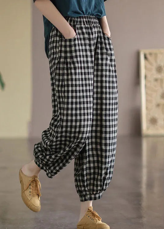 Black Plaid Pockets Linen High Waist Crop Pants Summer