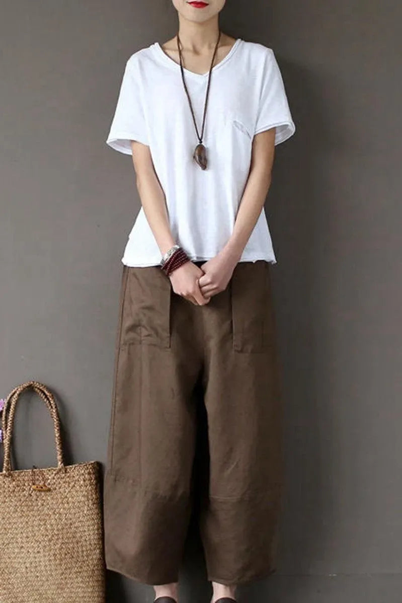 Coffee Loose Cotton Linen Ankle Length Pants Outfits