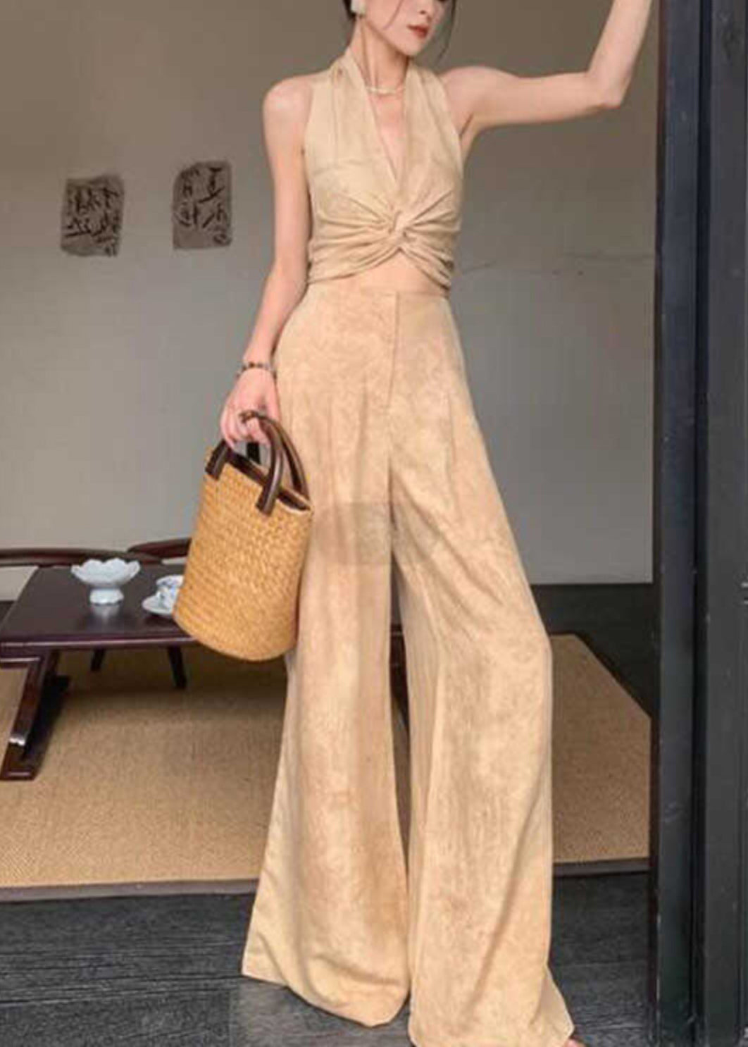 Original Design Halter Print Wrinkled Vest and Wide Leg Pants Two Pieces Set Sleeveless