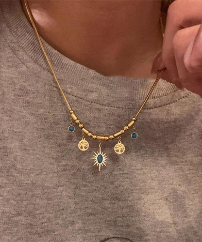 Gold Sterling Silver Overgild Turquoise Sunflower Tassel Pendant Necklace