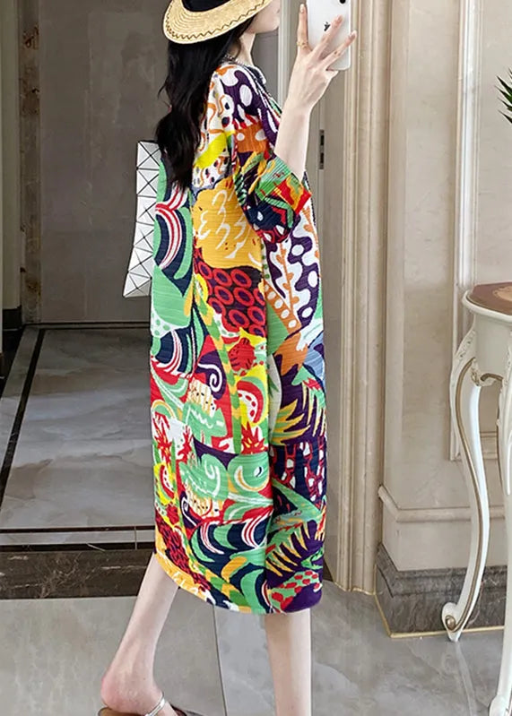 Green O-neck Wrinkled Maxi Holiday Dress Summer