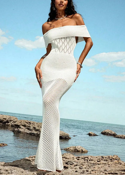 Slim Fit White Slash Neck Cut Out Swimsuit Cover Up Dress