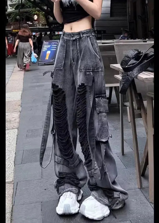 Black Pockets Ripped Denim Pants Trousers Fall