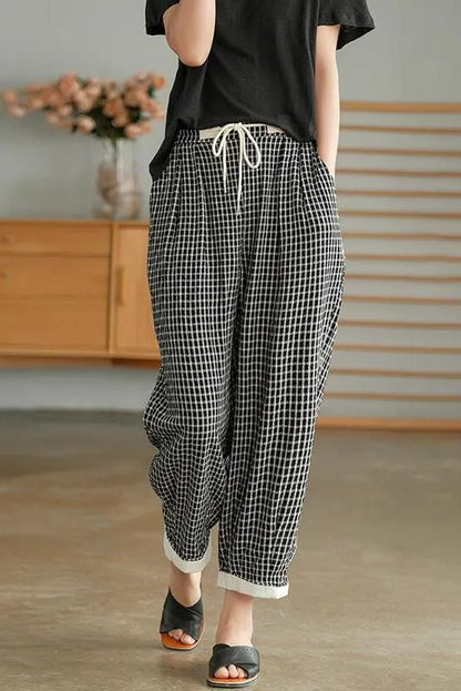 Cotton Linen Plaid Cinched Pocket Pants
