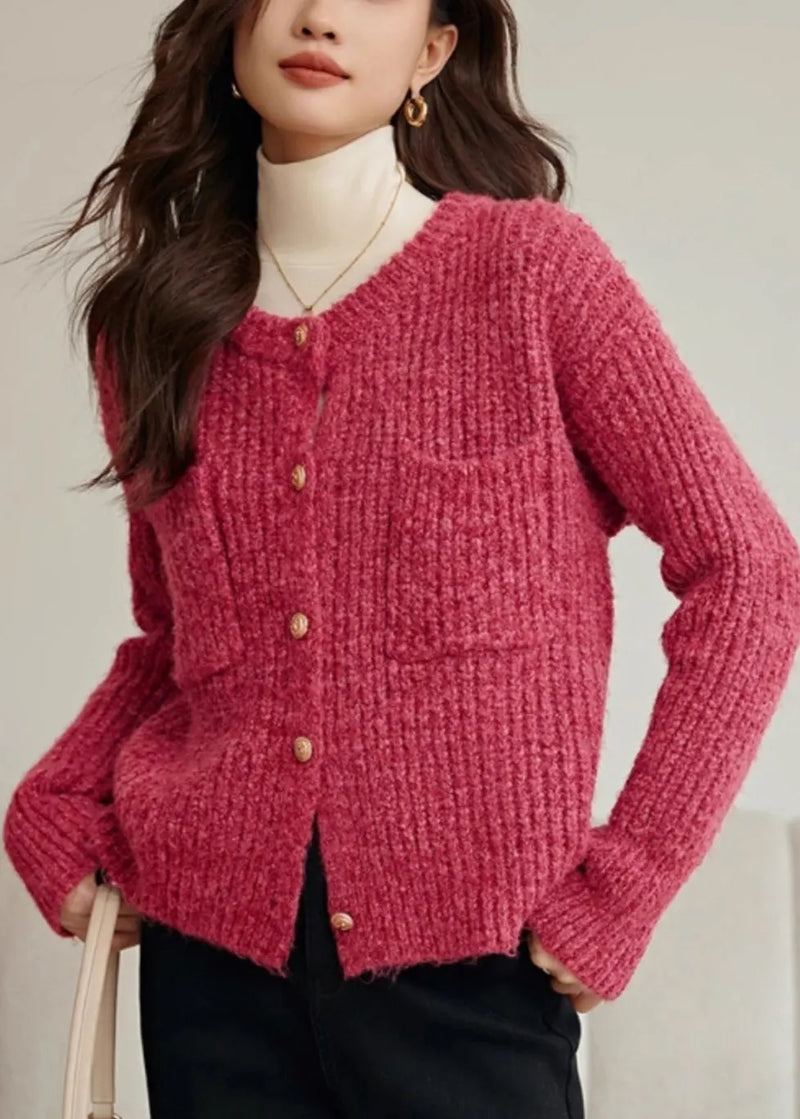 Rose O Neck Button Pockets Cotton Knit Coat Spring