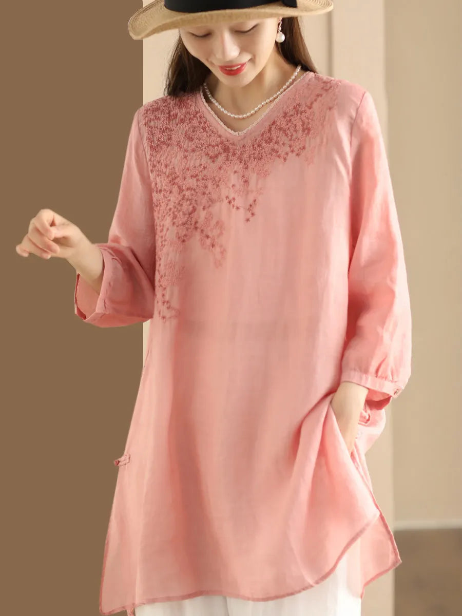 Summer Artsy Embroidery Ramie Long Shirt