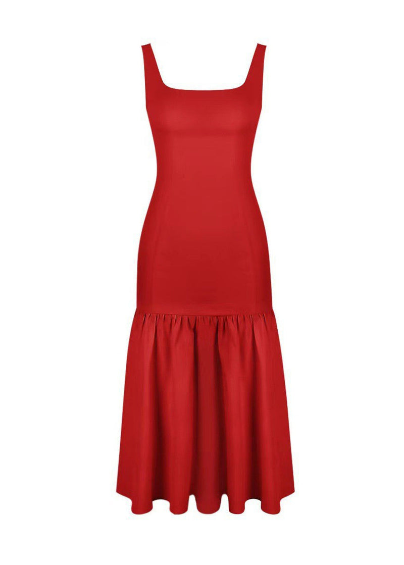 Fitted Red Wrinkled Patchwork Cotton Spaghetti Strap Dress Summer