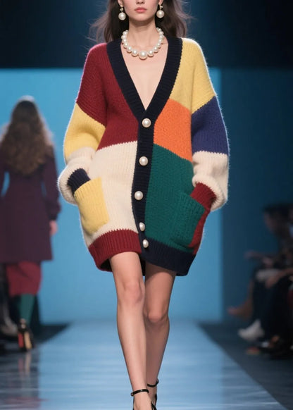French Colorblock Button Pockets Patchwork Knit Cardigan Fall