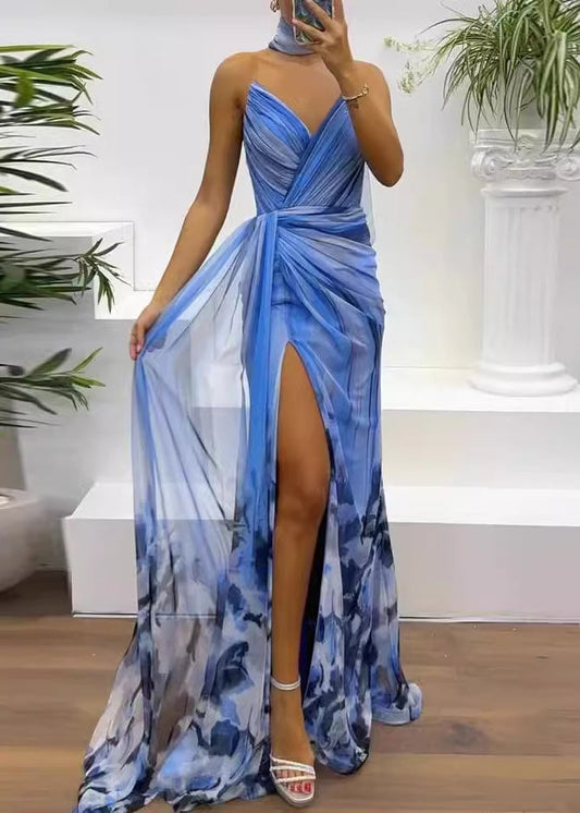 Blue Cold Shoulder Print Chiffon Long Dress Sleeveless