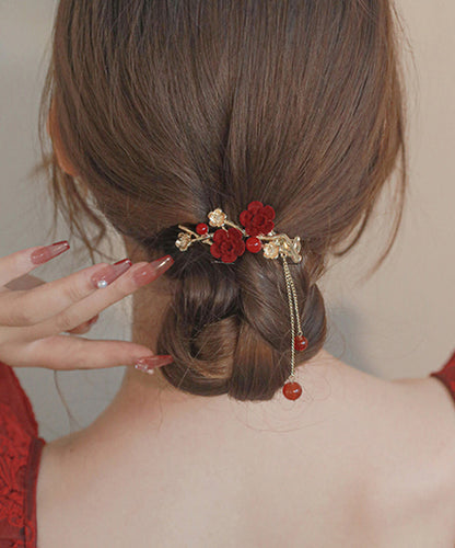 Red Copper Alloy Plum Blossom Tassel Hairpin
