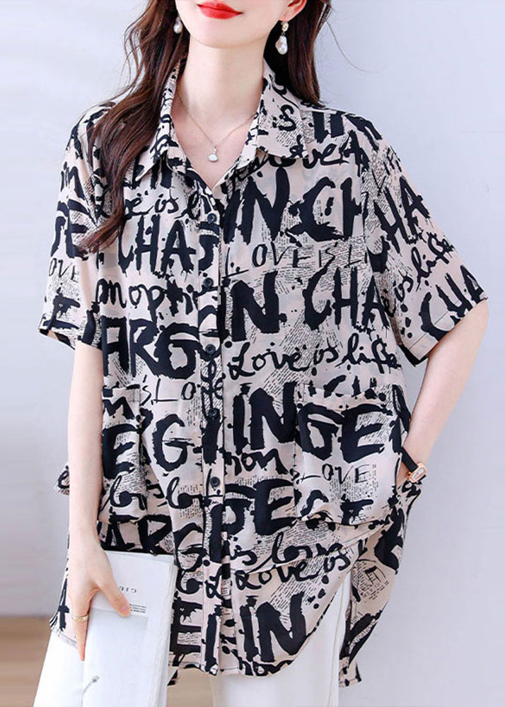 Khaki Oversized Letter Print Chiffon Shirt Tops Summer