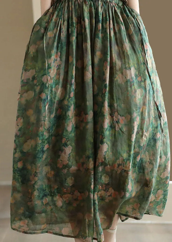 Green Wrinkled Pockets Patchwork Linen Skirts Summer