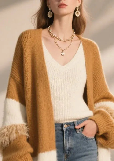 Coffee Oversized Patchwork Faux Fur Long Cardigan Winter