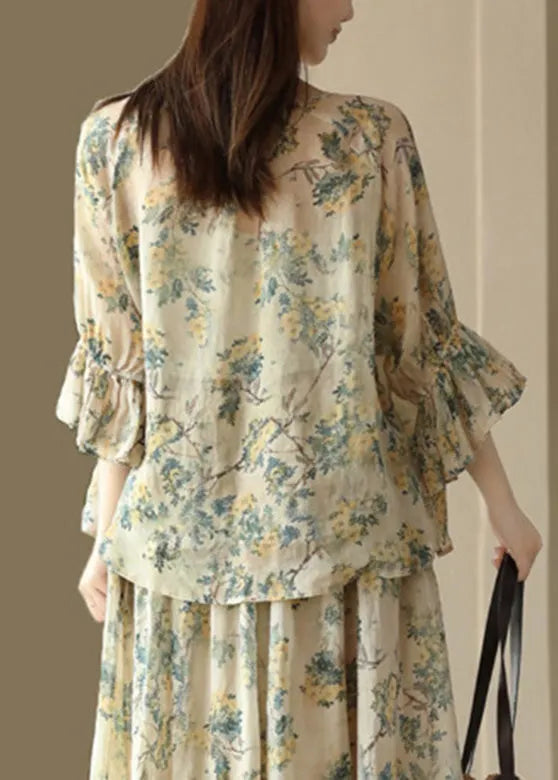 O-neck Print Tie Waist Ramie Shirts Flare Sleeve