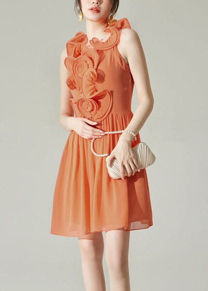 New Orange Wrinkled Chiffon Mid Dress Sleeveless