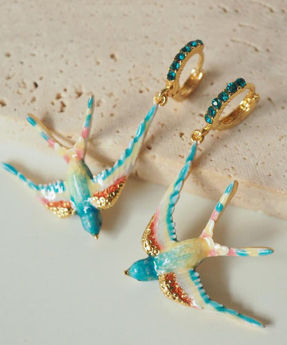 Rainbow Copper Alloy Enamel Gem Stone Swallow Drop Earrings