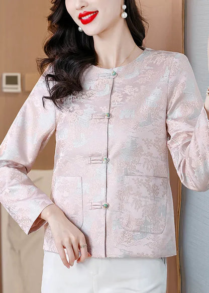 Pink O Neck Button Pockets Silk Coat Fall