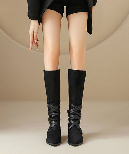 Splicing Boots Black Suede Cross Strap Pointed Toe