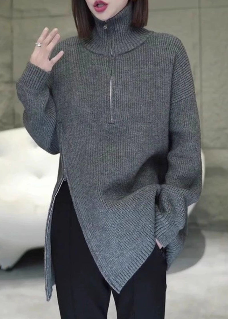 Grey Zip Up Asymmetrical Loose Knit Sweaters Spring
