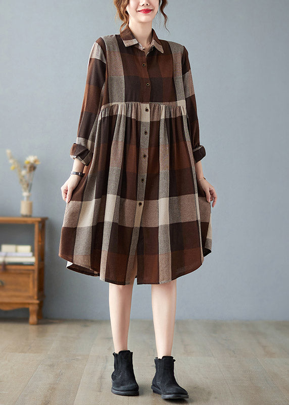 Peter Pan Collar Button Wrinkled Long Plaid Shirts Dress Long Sleeve