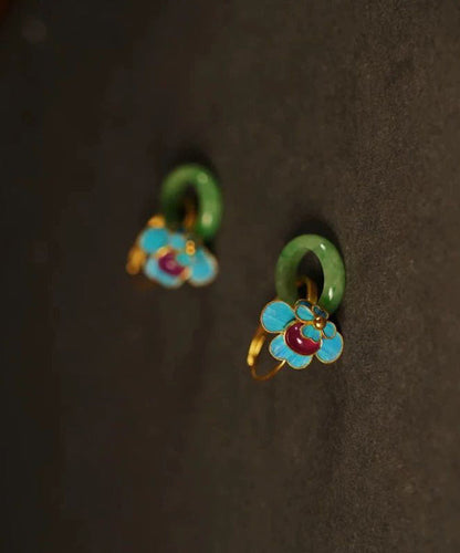 Green Sterling Silver Overgild Jade Enamel Ping Buckle Hoop Earrings