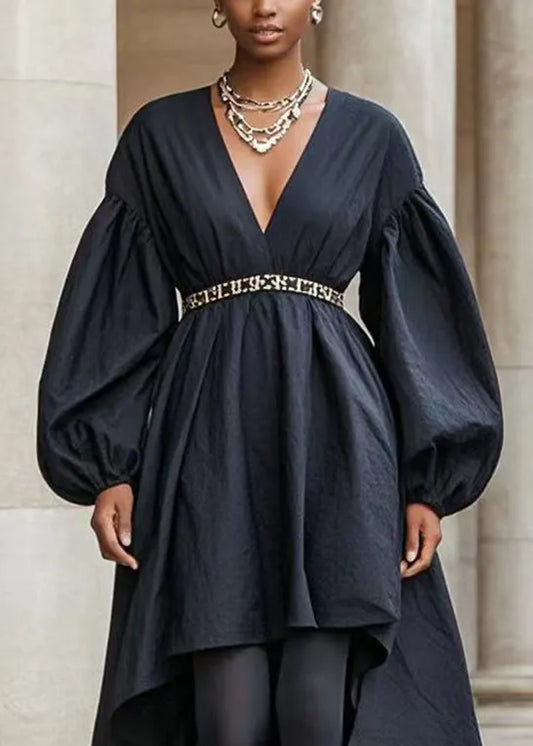 Black Asymmetrical Design Silm Fit Cotton Holiday Dress Fall