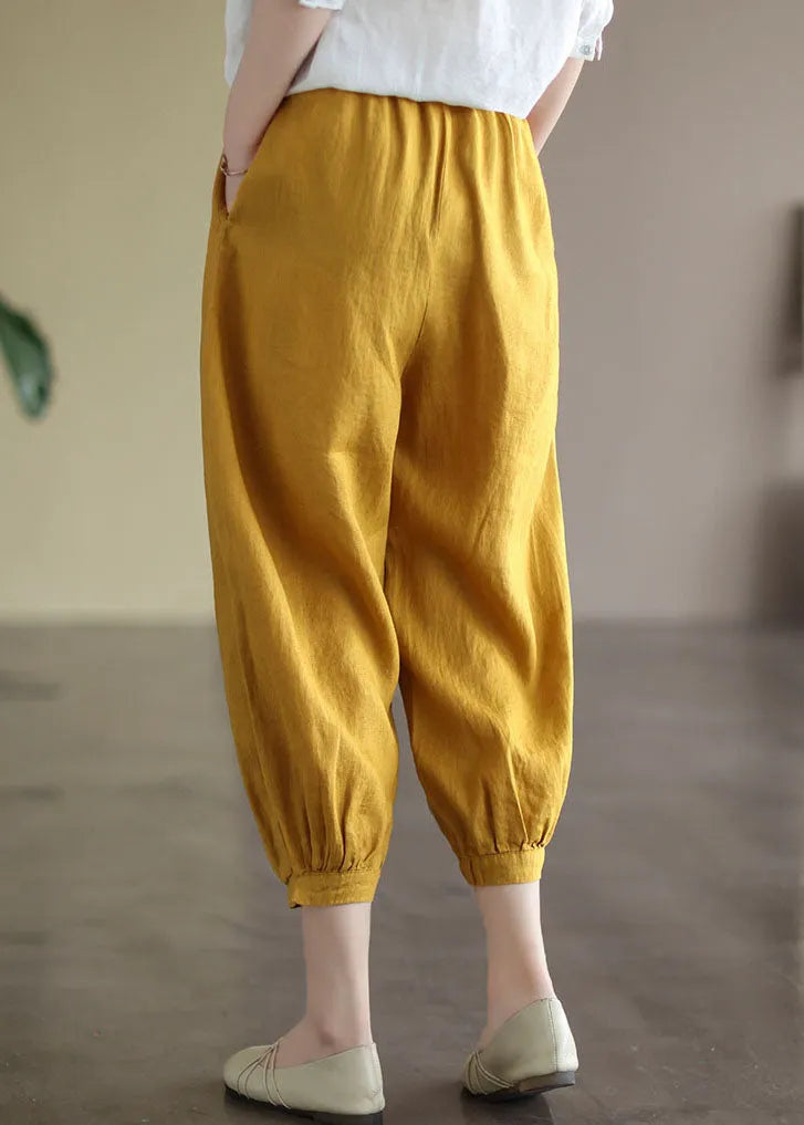 Yellow Elastic Waist Ruffled Pockets Linen Harem Pants Summer