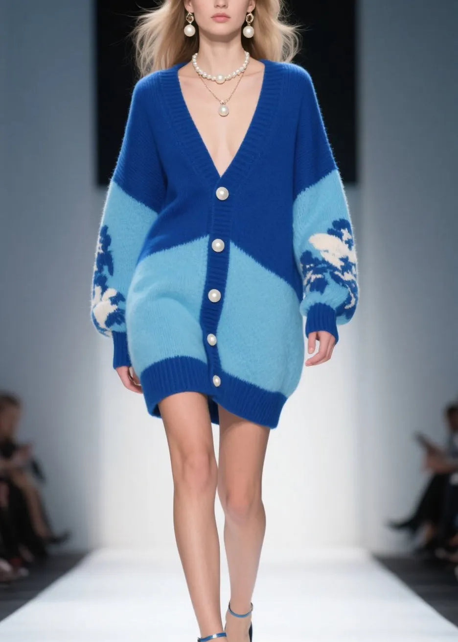 Blue V Neck Button Knit Loose Cardigans Fall