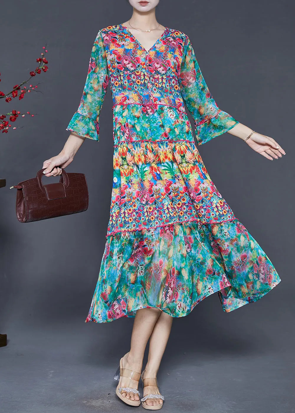 Green Print Chiffon Tea Dresses Bracelet Sleeve