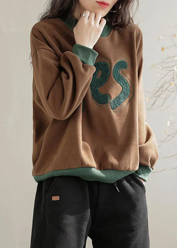 Yellow Embroidered Patchwork Warm Fleece Pullover Sweatshirt Spring