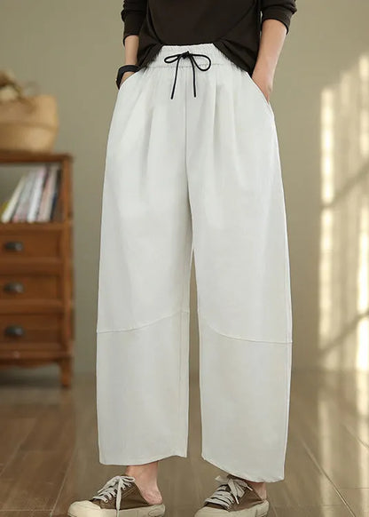 White Pockets Drawstring Cotton Pants Fall