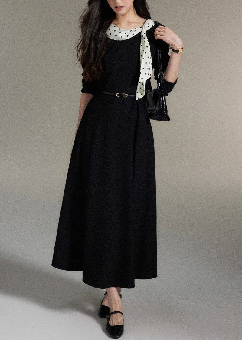 Black Bow Pockets Wool Long Dress Fall