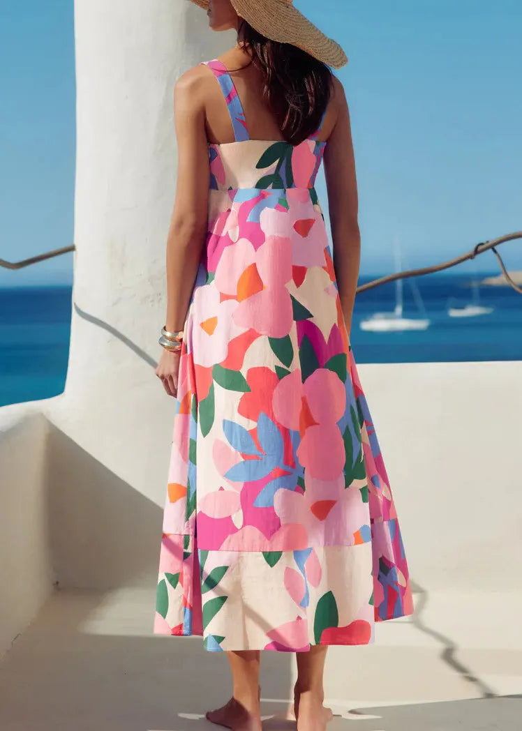 Print Exra Large Hem Cotton Spaghetti Strap Dress Summer