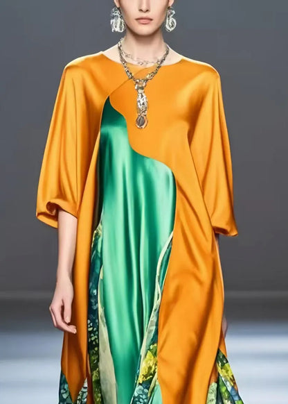 Unique Orange Asymmetrical Patchwork Silk Robe Dresses Half Sleeve