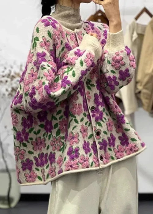 Light Purple O Neck Button Cotton Knit Coat Long Sleeve