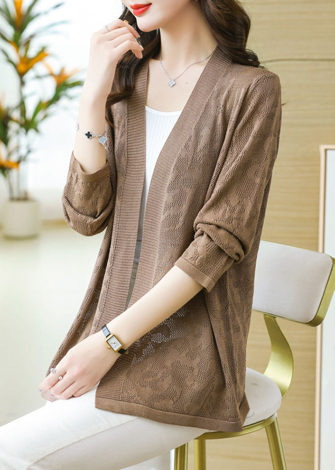Coffee Patchwork Thin Knit Cardigan Long Sleeve