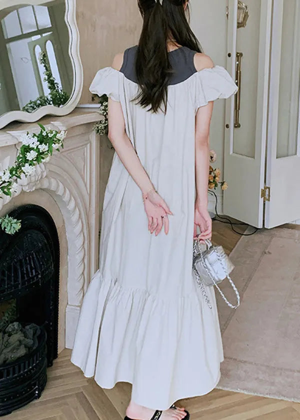 New Off the Shoulder Puff Sleeve Wrinkled Patchwork Cotton Dress