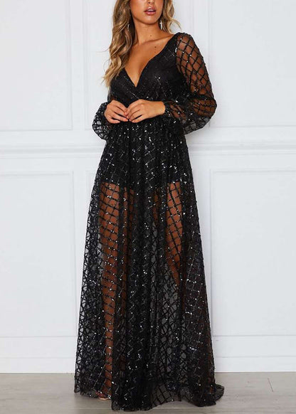 Gold V-neck Check Sequin Dress Long Sleeve