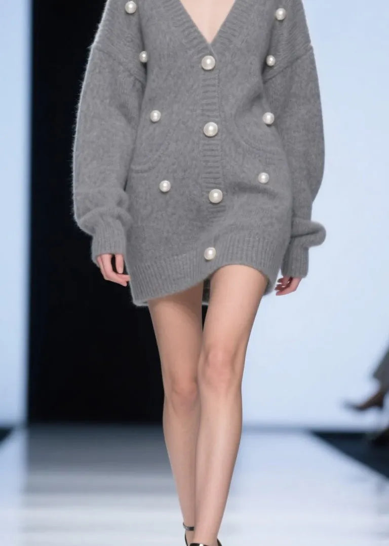 Grey V Neck Nail Bead Patchwork Knit Cardigans Fall