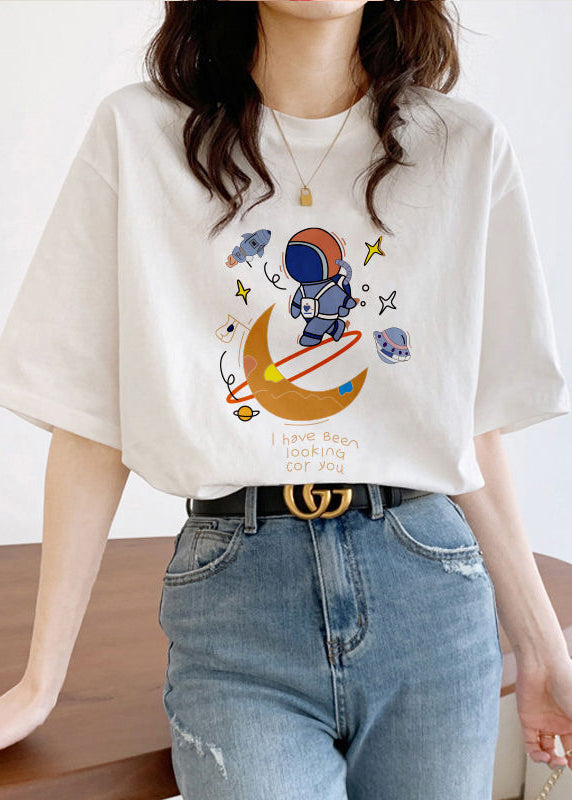 White O Neck Print Cotton T Shirt Short Sleeve