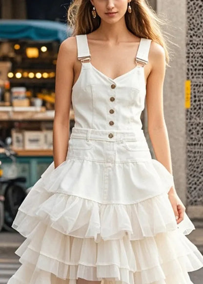 White Layered Tulle Patchwork Denim Dress Summer