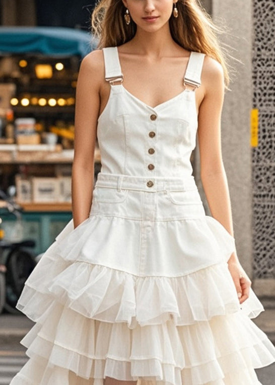 White Layered Tulle Patchwork Denim Dress Summer