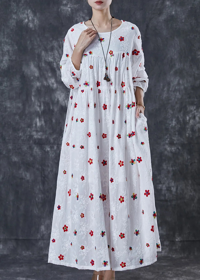 French White Embroidered Cotton Maxi Dress Spring
