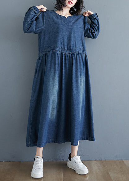 Denim Blue Patchwork Long Dress Long Sleeve