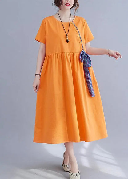 French Orange Patchwork Button Party Summer Cotton Linen Dress