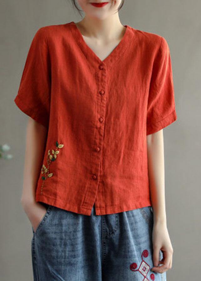 Loose Red-neckline Flowers V Neck Embroidered Summer Linen Shirt